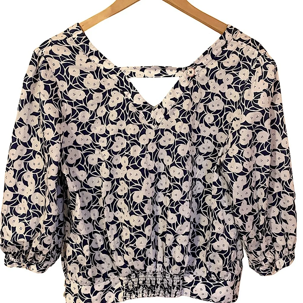 Anthropologie Postmark lightweight cotton print puff sleeve top blue M